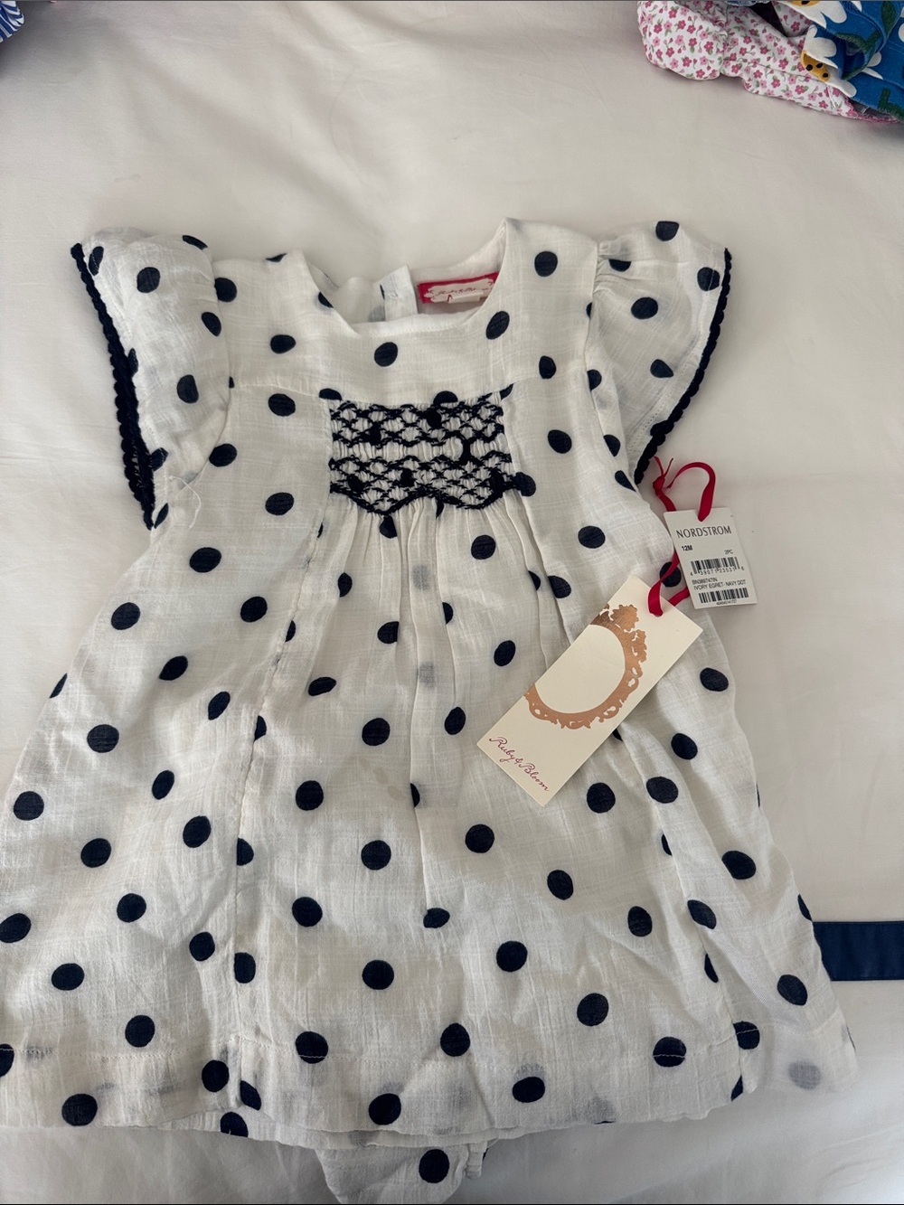 ruby & bloom White Polka Dot Baby Dress with Navy Accents